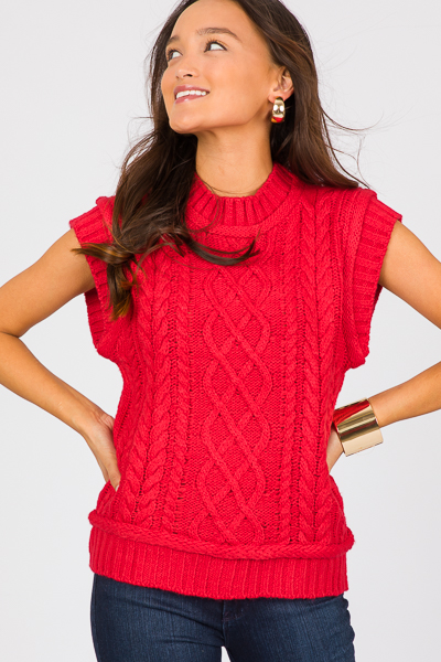 Short Sleeve Cable Sweater, Red