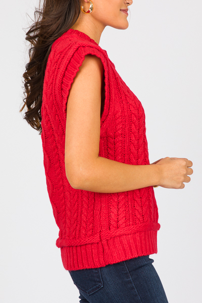 Short Sleeve Cable Sweater, Red