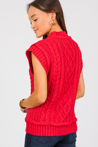 Short Sleeve Cable Sweater, Red