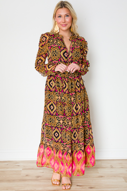 Contrast Hem Print Maxi, Black Fuchsia