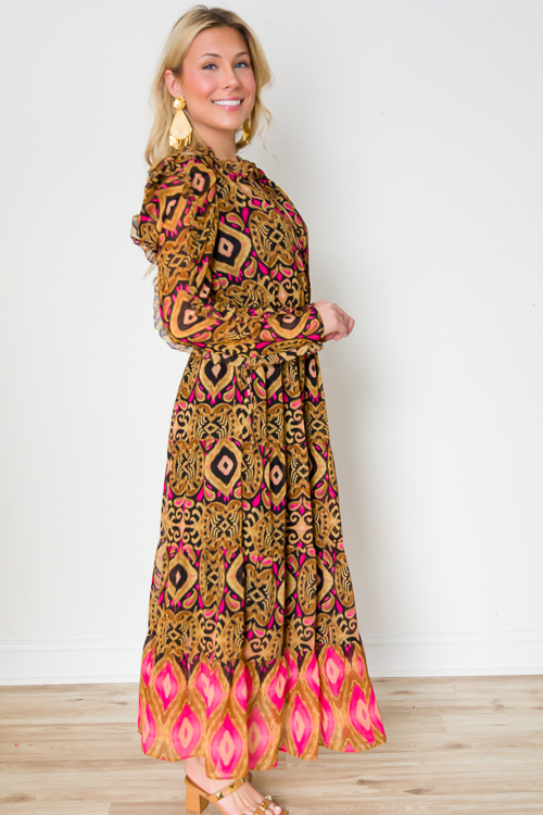 Contrast Hem Print Maxi, Black Fuchsia