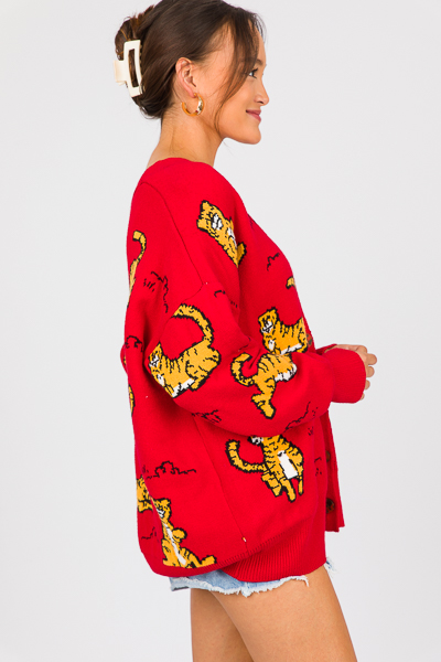 Tiger Button Front Sweater, Red