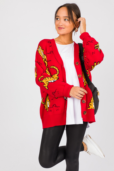 Tiger Button Front Sweater, Red