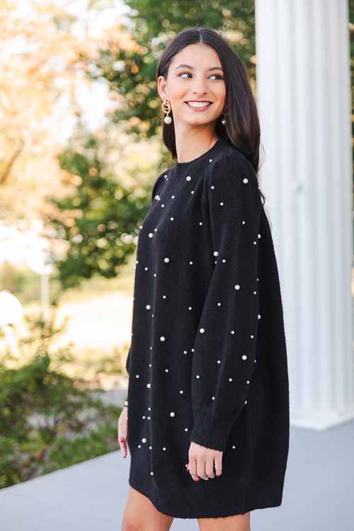 Pearl Studded Sweater Dress Black SALE The Blue Door Boutique