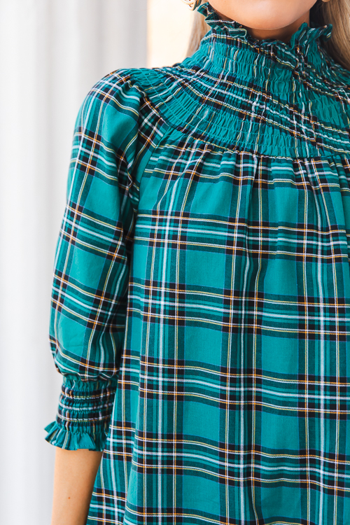 Tartan Smock Yoke Dress, Emerald