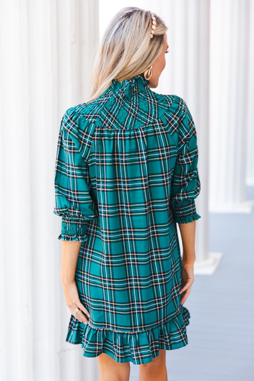 Tartan Smock Yoke Dress, Emerald