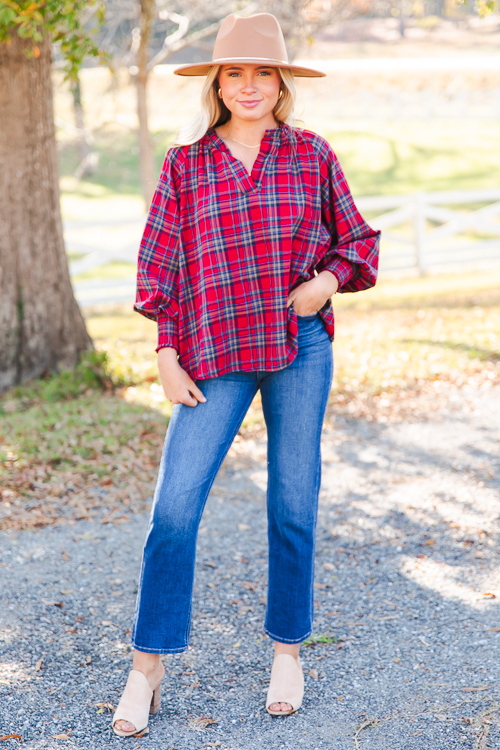 Ruffle Collar Plaid Top, Red