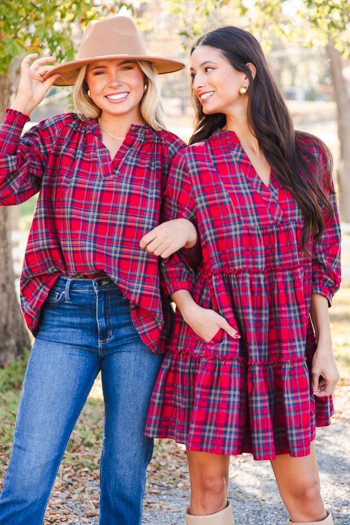 Ruffle Collar Plaid Top, Red