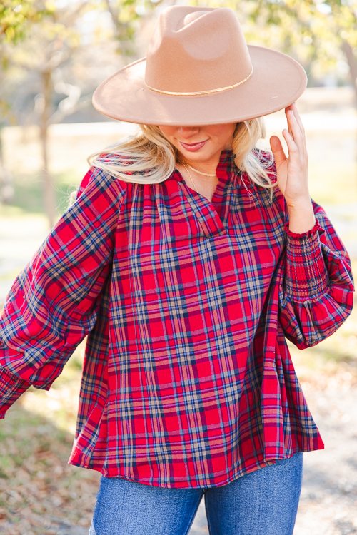 Ruffle Collar Plaid Top, Red