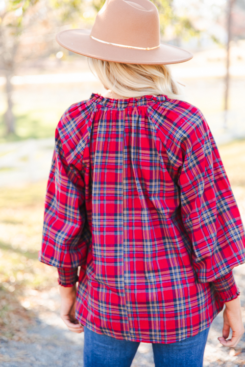 Ruffle Collar Plaid Top, Red
