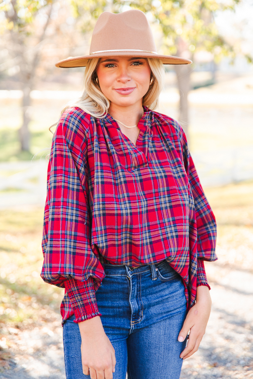 Ruffle Collar Plaid Top, Red
