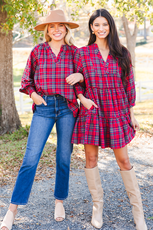 Tiered Plaid Dress, Red