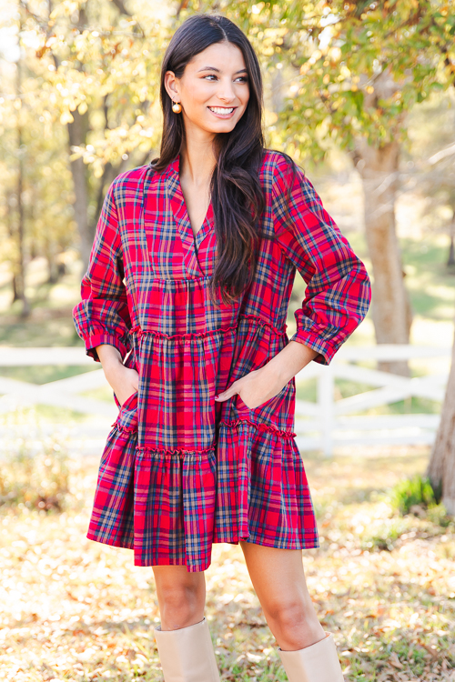 Tiered Plaid Dress, Red