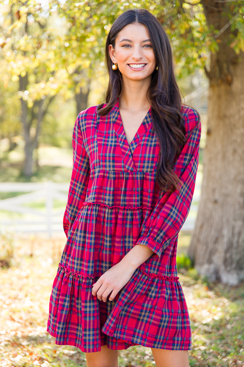 Tiered Plaid Dress, Red