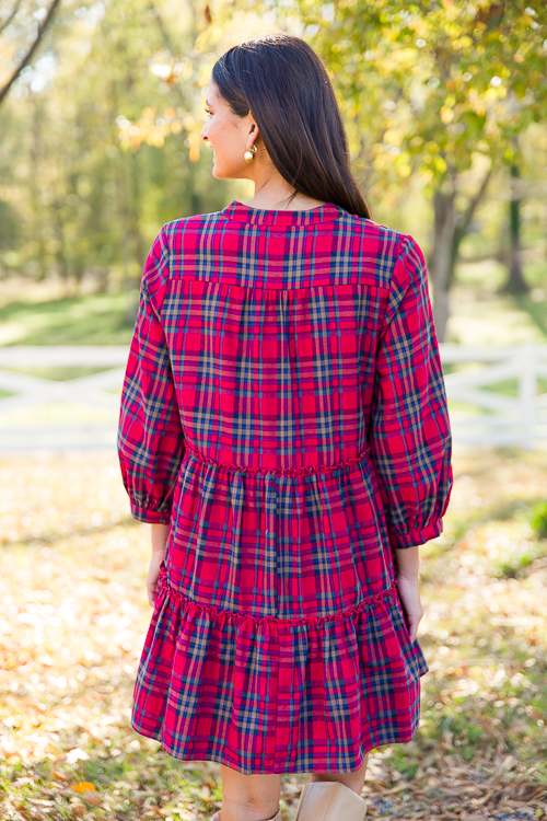 Tiered Plaid Dress, Red