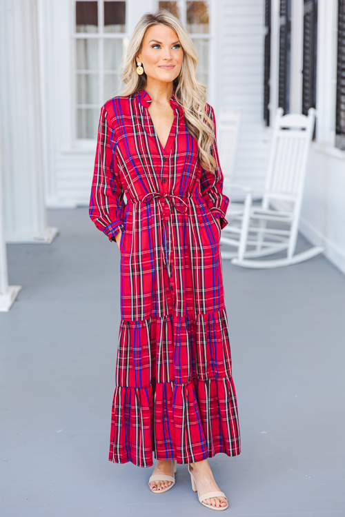 Draw Waist Tartan Maxi, Red