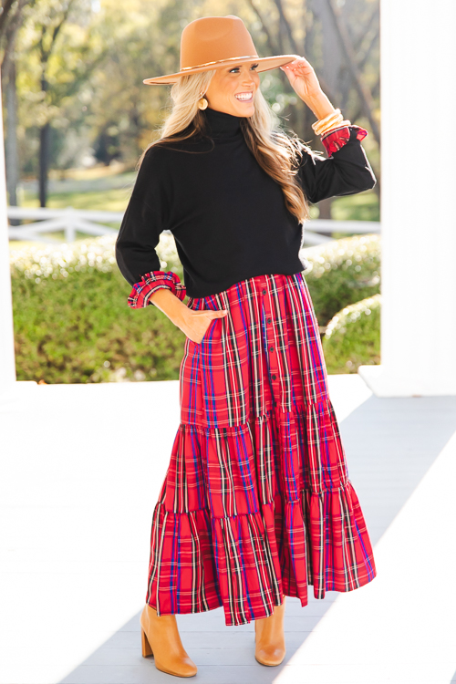 Draw Waist Tartan Maxi, Red