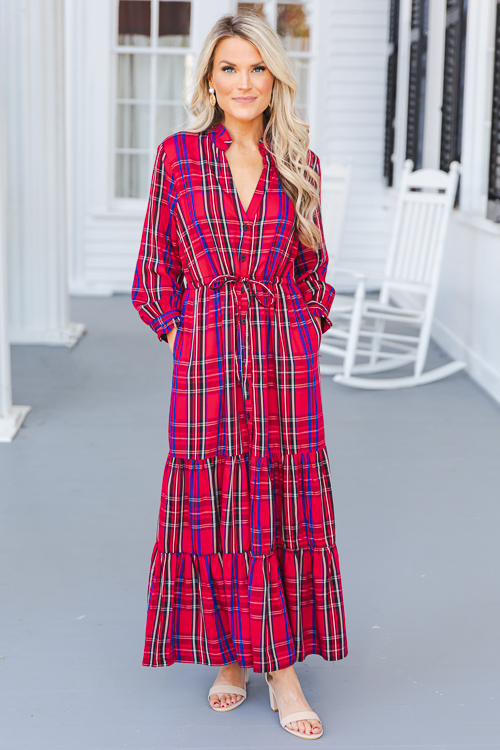 Draw Waist Tartan Maxi, Red