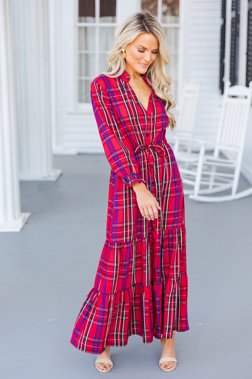 Draw Waist Tartan Maxi, Red