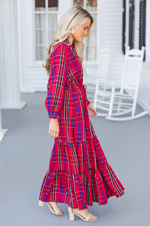 Draw Waist Tartan Maxi, Red