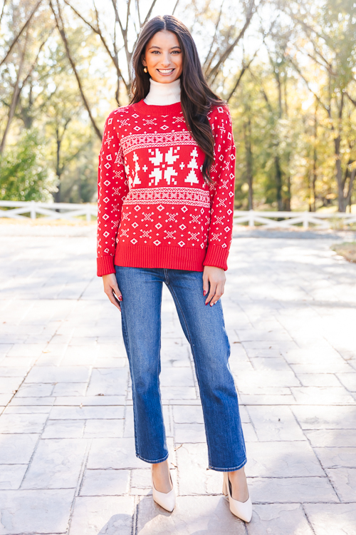 Winter Print Sweater, Red