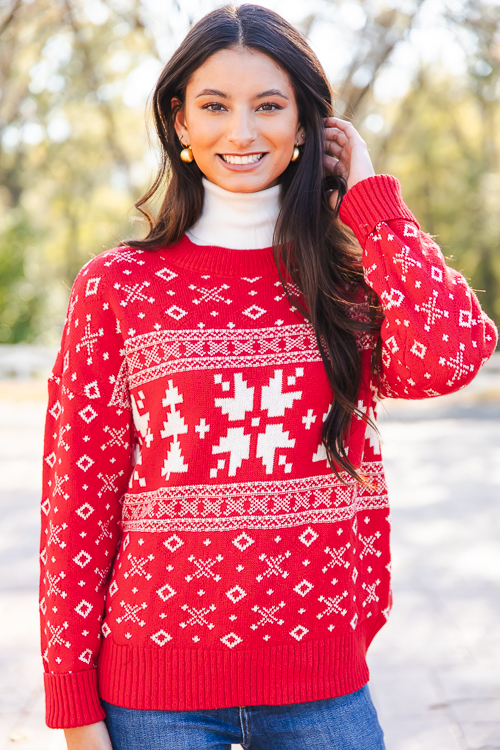 Winter Print Sweater, Red