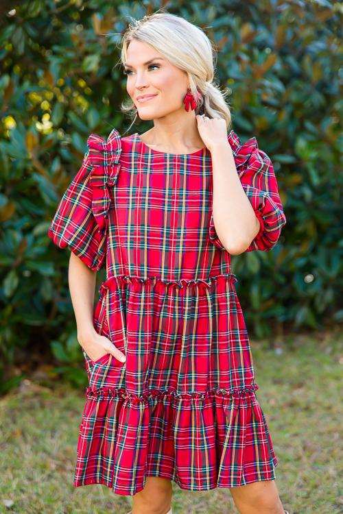 Ruffled Tartan Dress, Red