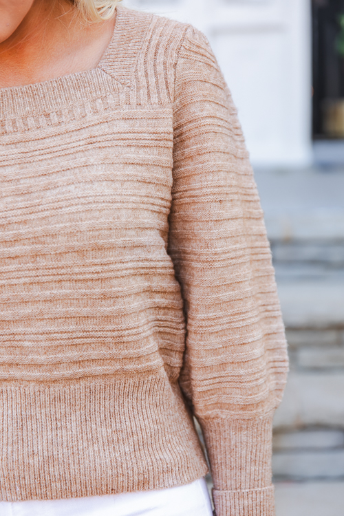 Square Neck Rib Sweater, Tan