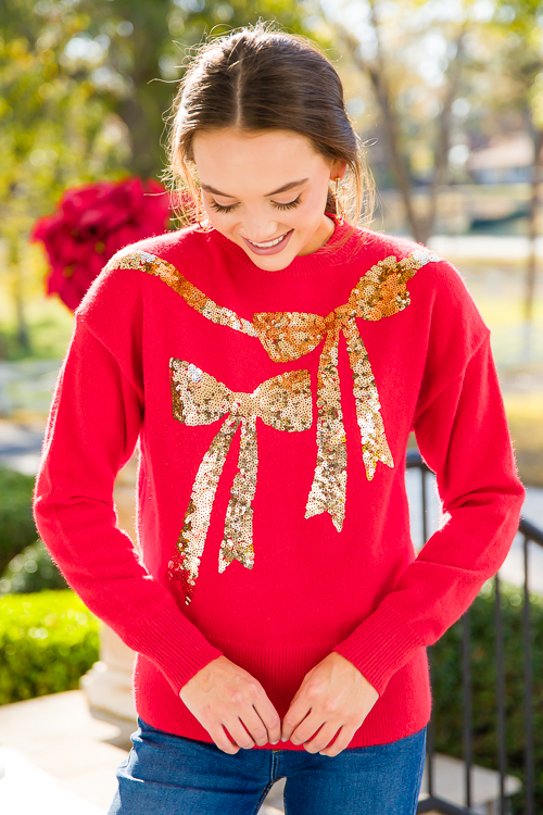 Sequin Bow Sweater, Red