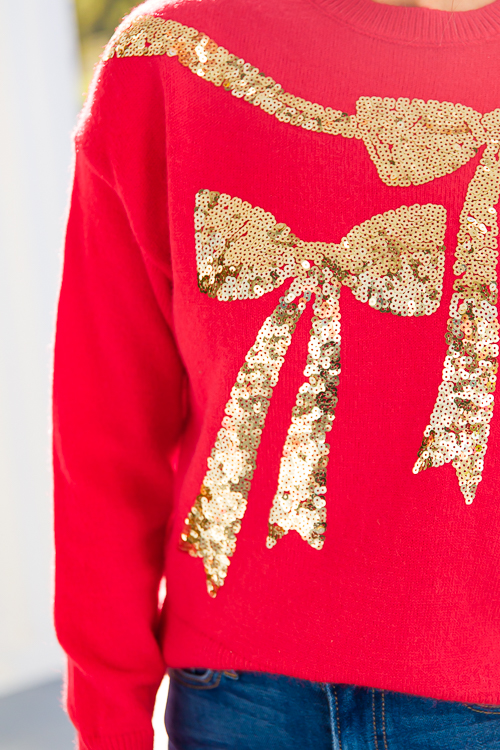Sequin Bow Sweater, Red