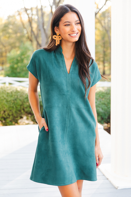 Ruffle Neck Suede Dress, Teal