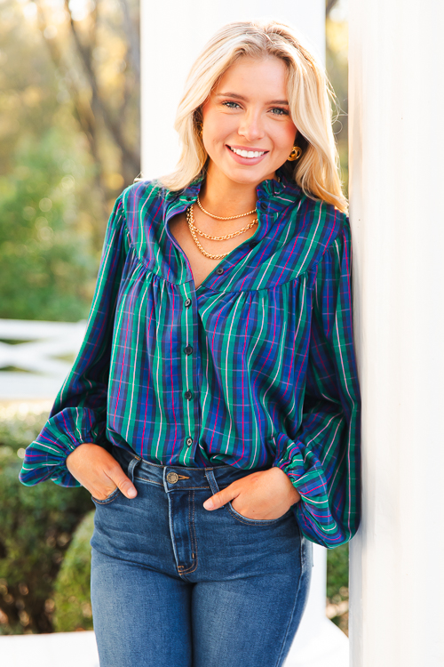 Plaid Button Top, Green