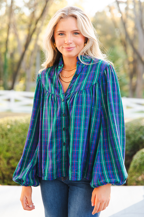 Plaid Button Top, Green