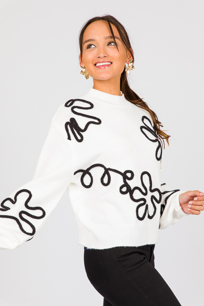 Raised Flower Sweater, White/Black