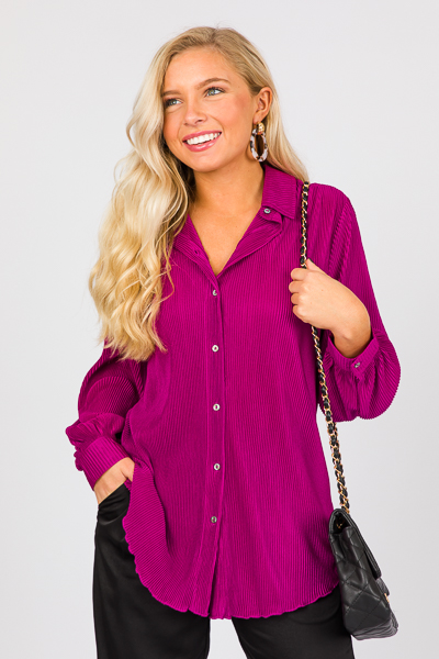 Pleated Button Down, Magenta