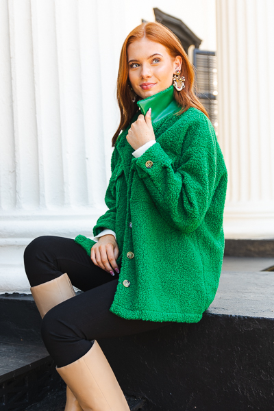 Tortoise Button Teddy Jacket, Green
