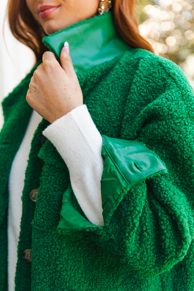 Tortoise Button Teddy Jacket, Green