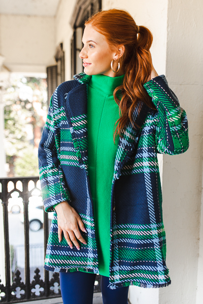 Fringe Plaid Coat, Navy Multi