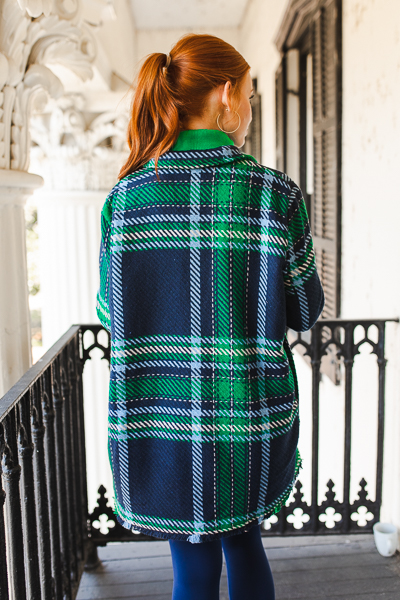 Fringe Plaid Coat, Navy Multi