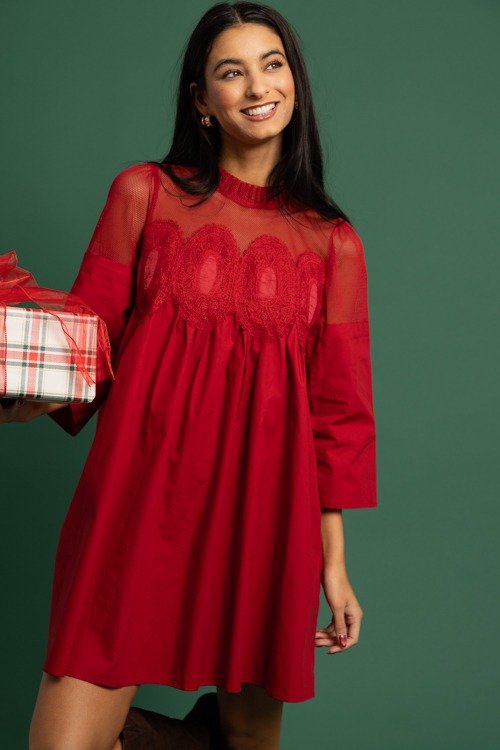 Lace Mesh Panel Dress, Burgundy