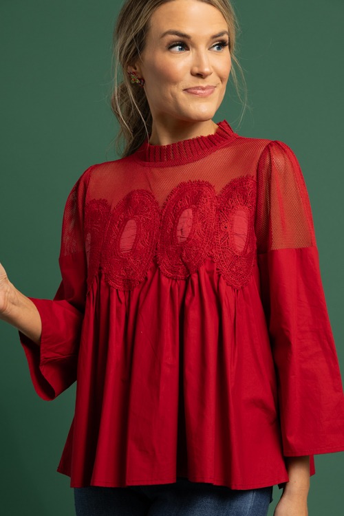 Lace Mesh Panel Top, Burgundy