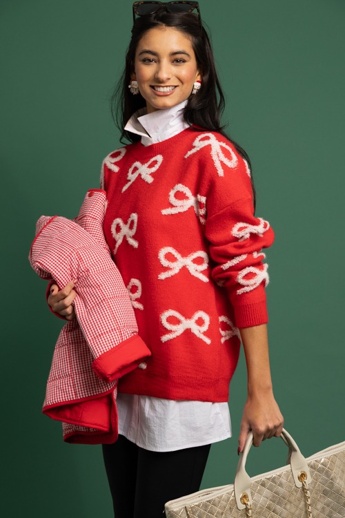 Textured Bows Sweater, Red