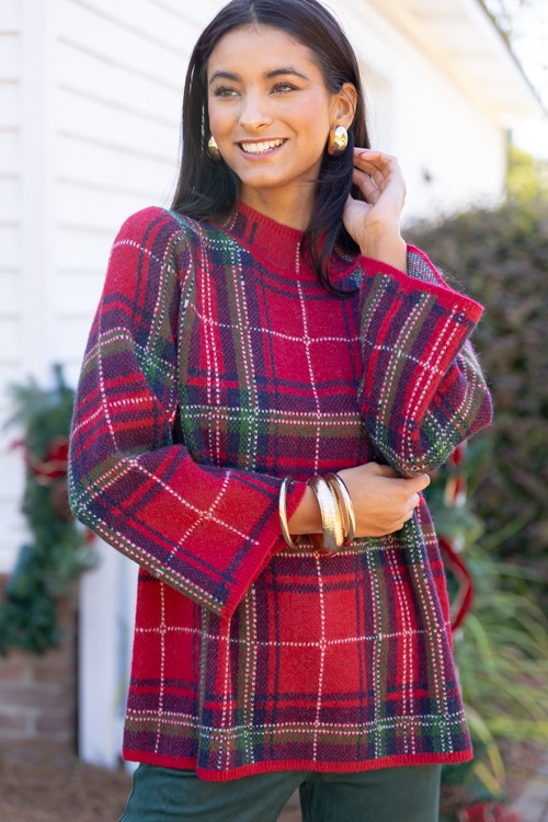 Plaid Mock Neck Sweater, Red
