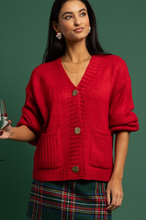 Gold Button V-Neck Cardigan, Red