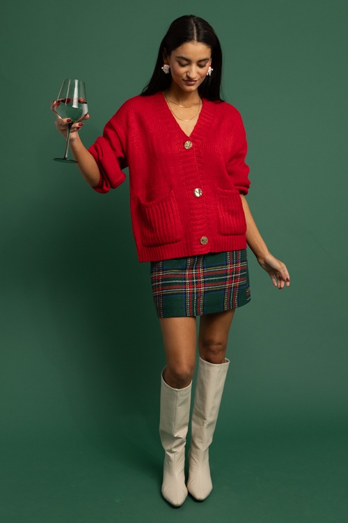 Gold Button V-Neck Cardigan, Red - 1118-344.jpg