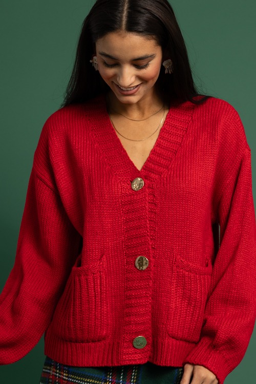 Gold Button V-Neck Cardigan, Red - 1118-346.jpg