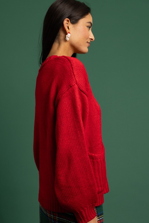 Gold Button V-Neck Cardigan, Red - 1118-347.jpg