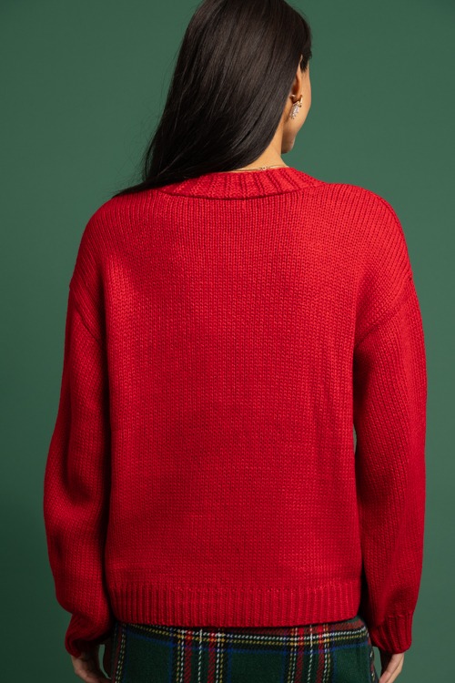 Gold Button V-Neck Cardigan, Red - 1118-348.jpg