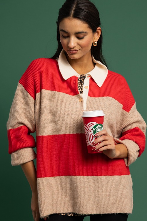 Bold Stripe Collared Sweater, Red