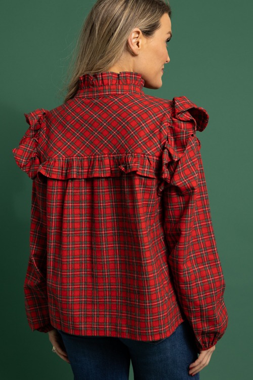 Classic Plaid Ruffle Blouse, Red - 1118-364h.jpg